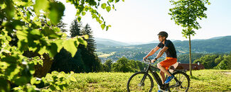 Ein e-Bike-Fahrer auf einem schönen Fahrradweg in Bodenmais mit Bayerwald im Hintergrund.