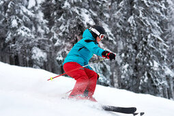 Eine Skifahrerin fährt durch frischen Pulverschnee vor verschneitem Wald.
